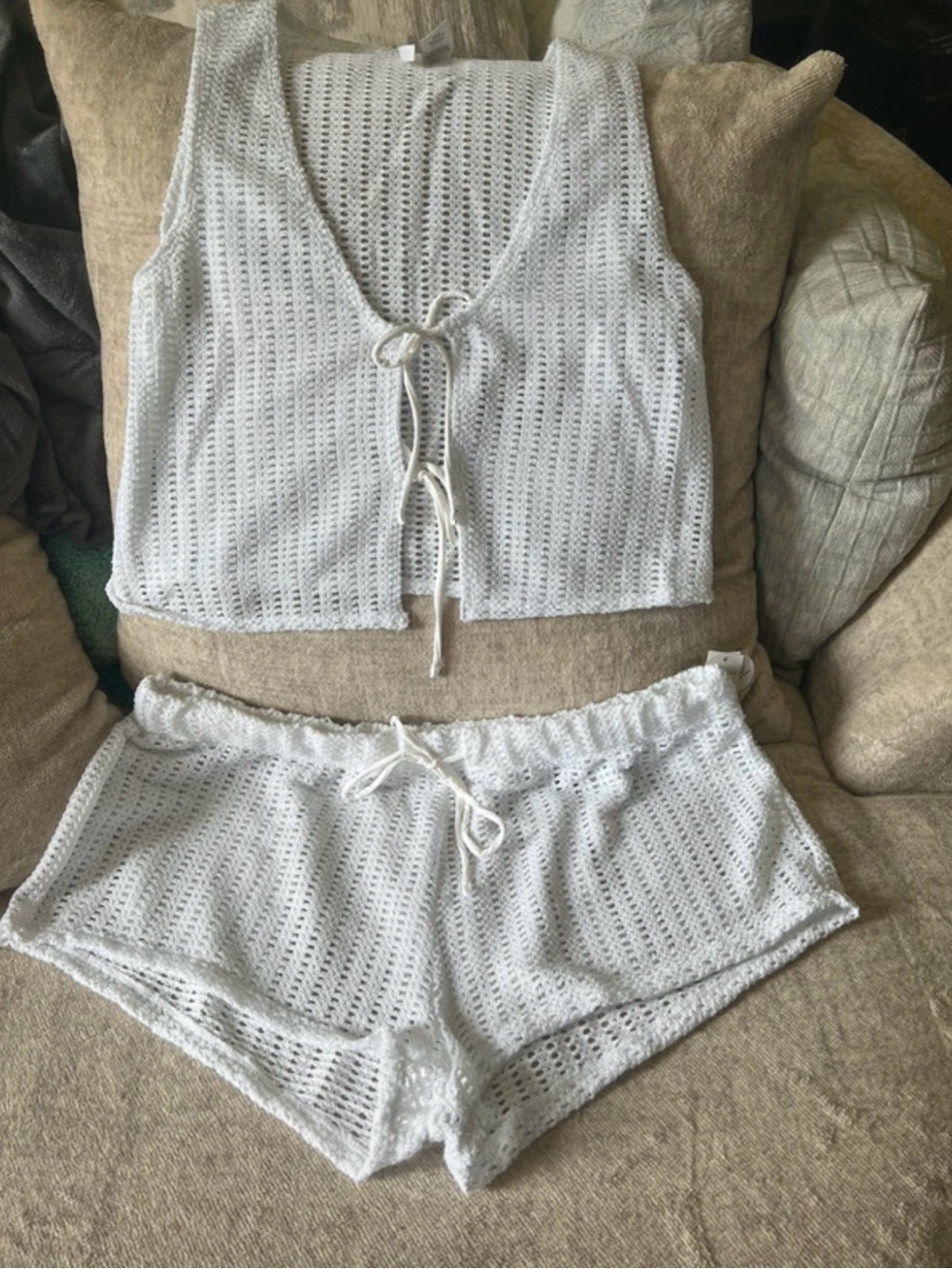 Women's White Crochet Lounge Set - Sleeveless Tie Top & Shorts